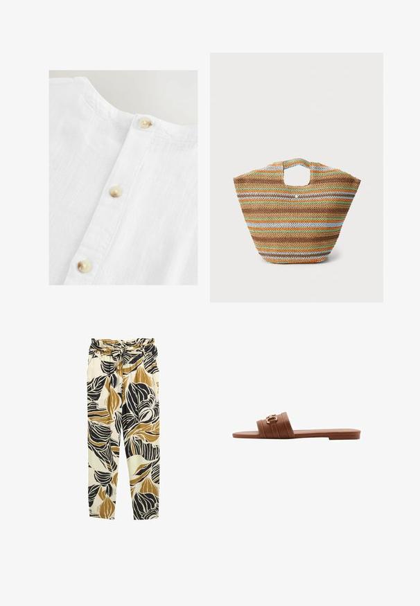 Biała lniana koszula z okrągłym dekoltem i listwą guzikową z beżowymi guzikami. Tkanina ma miękką, teksturowaną powierzchnię.; Spodnie w kwiatowy wzór w kolorach czerni, złota i kremu. Wykonane z lekkiego materiału, z paskiem w talii i zwężającymi się nogawkami.; Brązowe skórzane klapki z dwiema szerokimi paskami, zdobionymi dekoracyjnym przeszyciem i złotą klamrą. Płaska podeszwa.; Torebka z plecionego słomy z wielokolorowymi paskami w kolorze brązowym, zielonym, pomarańczowym i niebieskim. Posiada płaski kształt i dwa otwory na ręce. Lekka konstrukcja.