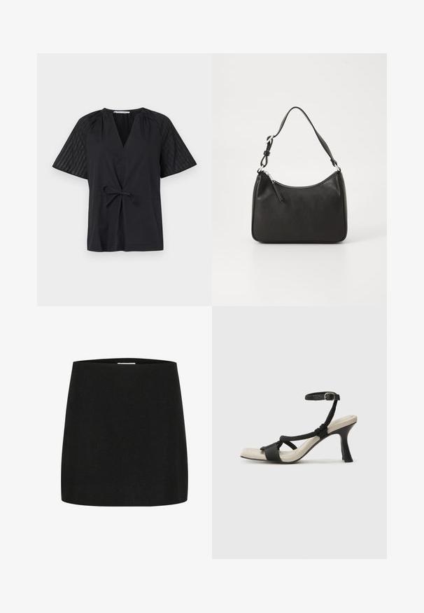 Haut noir avec un col en V, manches courtes et une taille à nouer. Présente un tissu texturé et à motifs sur les manches et un corps lisse.; Mini-jupe noire en tissu texturé, avec une coupe simple et droite, sans embellissements ni motifs visibles.; Sandale à talon noir avec un design de brides tressées, bout carré et bride de cheville réglable. Semelle intérieure beige claire avec un talon noir brillant.; Sac à main en cuir noir avec une forme courbée, une seule sangle, fermeture éclair et un logo discret à l'avant. Texture lisse, design minimaliste.
