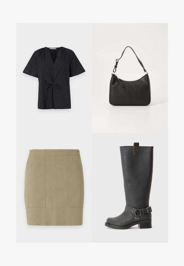Top preto com decote em V, mangas curtas e com cintura amarrada. Apresenta tecido texturizado e estampado nas mangas e um corpo liso.; Saia até ao joelho, em verde-azeitona, feita de uma mistura de algodão, com bolsos laterais e costuras limpas. Textura suave, silhueta ajustada.; Bota preta de couro até ao joelho com um acabamento texturizado, apresentando um detalhe de fivela lateral e um salto baixo. Costura detalhada ao longo das costuras.; Mala de mão em couro preto com formato curvo, uma alça, fecho em zip e uma marcação discreta na frente. Textura suave, design minimalista.