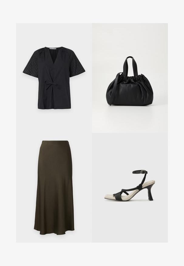 Fekete felső V-nyakkal, rövid ujjakkal és megkötős derékkal. Az ujjain texturált, mintás anyag található, míg a test sima.; Sötétzöld, selyemfényű, hosszú szoknya, lecsúszott szegéllyel és sima textúrával. Egyszerű dizájn, látható minták vagy fém részek nélkül.; Fekete sarkú szandál fonott pánttal, négyzet alakú orral és állítható bokapánttal. Világos bézs talpbetét fényes fekete sarkával.; Fekete bőr kézitáska, összegyűrt felső dizájnnal, két rövid fülekkel és egy hosszú, állítható pánttal. Simább textúra, lekerekített forma.