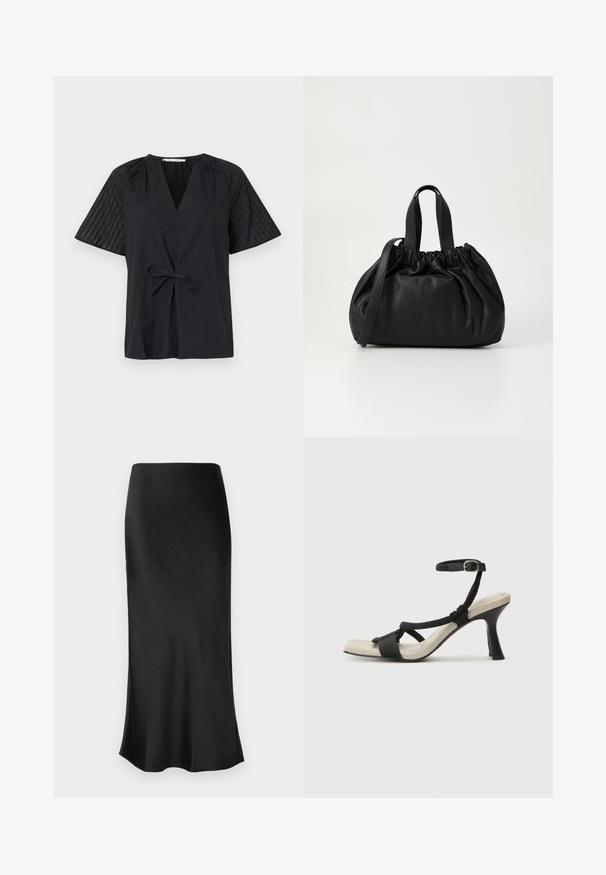Top negru cu decolteu în V, mâneci scurte și talie legată. Dispune de un material texturat, cu model pe mâneci și un corp neted.; Fustă neagră midi cu o textură netedă și lucioasă, având o deschidere pe o parte și un design simplu. Se așează strâns și curge ușor la tiv.; Sandal cu toc negru, cu design de curea împletită, vârf pătrat și curea de gleznă ajustabilă. Tălpică de un bej deschis și toc negru lucios.; Geantă de mână din piele neagră cu un design cu partea superioară plisată, având două mânere scurte și o curea lungă ajustabilă. Textură netedă, formă rotunjită.