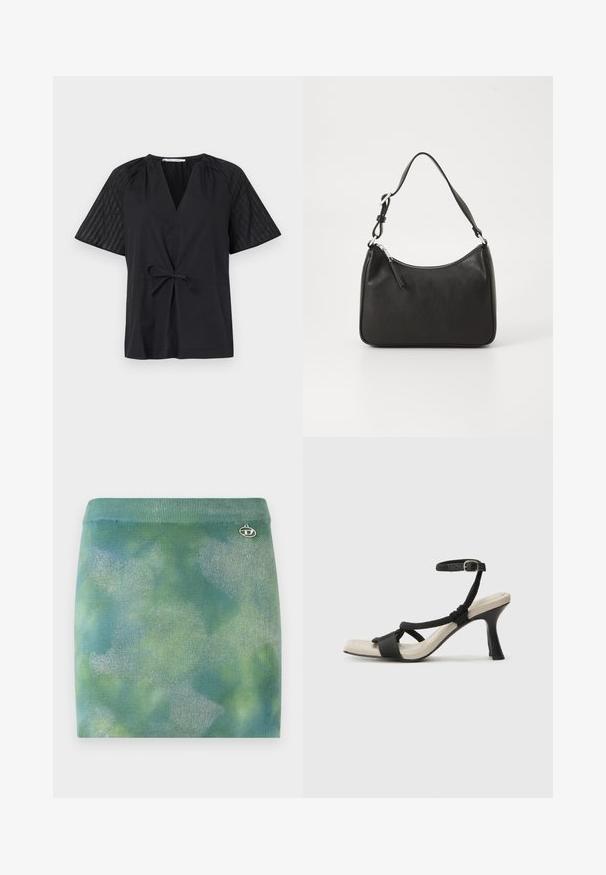 Top preto com decote em V, mangas curtas e com cintura amarrada. Apresenta tecido texturizado e estampado nas mangas e um corpo liso.; Saia mini de malha em um degradê de tons de aqua e verde, apresentando um brilho sutil e um logotipo bordado como detalhe na cintura.; Sandal com salto alto preto e design de tiras trançadas, bico quadrado e tira de tornozelo ajustável. Sola em tom bege claro com um salto preto brilhante.; Mala de mão em couro preto com formato curvo, uma alça, fecho em zip e uma marcação discreta na frente. Textura suave, design minimalista.