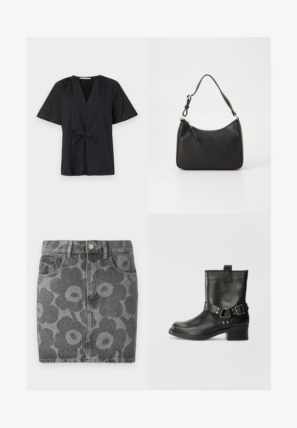 Top preto com decote em V, mangas curtas e com cintura amarrada. Apresenta tecido texturizado e estampado nas mangas e um corpo liso.; Saia de ganga em cinza com um padrão floral preto. Apresenta dois bolsos frontais, um fecho de botão e um corte reto.; Samsøe Samsøe SABRENTA - Bota de tornozelo estilo cowboy/motociclista - black; Mala de mão em couro preto com formato curvo, uma alça, fecho em zip e uma marcação discreta na frente. Textura suave, design minimalista.