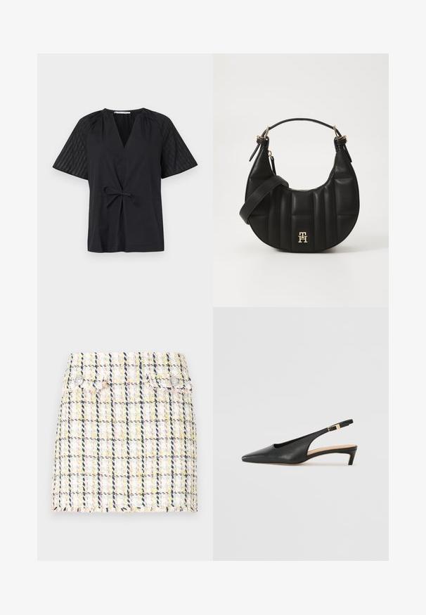 Mustaga V-kaelusega must topp, lühikeste varrukatega ja sidumisvõimalusega taljes. Varustatud tekstuuriga, mustrilise kangaga varrukatel ja siledas kehakangas.; Tweed mini seelik, millel on mitmevärviline kontrollmustrit, õmblusteta äär ja kaks metallist nööbi akent ees.; Musta nahast slingback-kontsaga saabas, millel on terav nina, madal konts ja reguleeritav pahkluu rihm, millel on kullatooniline pandla. Sile tekstuur.; Must või empaankäe disainiga must nahkrahakott, millel on tepitud tekstuur ja kullatud detailid. Omab eemaldatavat õlapaela ja logo detaili.