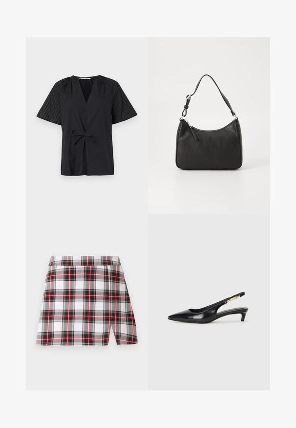 Top nero con scollatura a V, maniche corte e vita con fiocco. Presenta un tessuto testurizzato e a fantasia sulle maniche e un corpo liscio.; Gonna mini a quadri in bianco, rosso e nero con una spacco laterale, vita piatta e tessuto leggero. Il design include linee orizzontali e verticali.; Tacchi slingback in pelle nera con punta affusolata, caratterizzati da un tacco alto e un accento dorato sulla cinghia regolabile. Texture liscia.; Borsa a tracolla in pelle nera con forma curva, una tracolla singola, chiusura con zip e marchio discreto sul fronte. Texture liscia, design minimalista.
