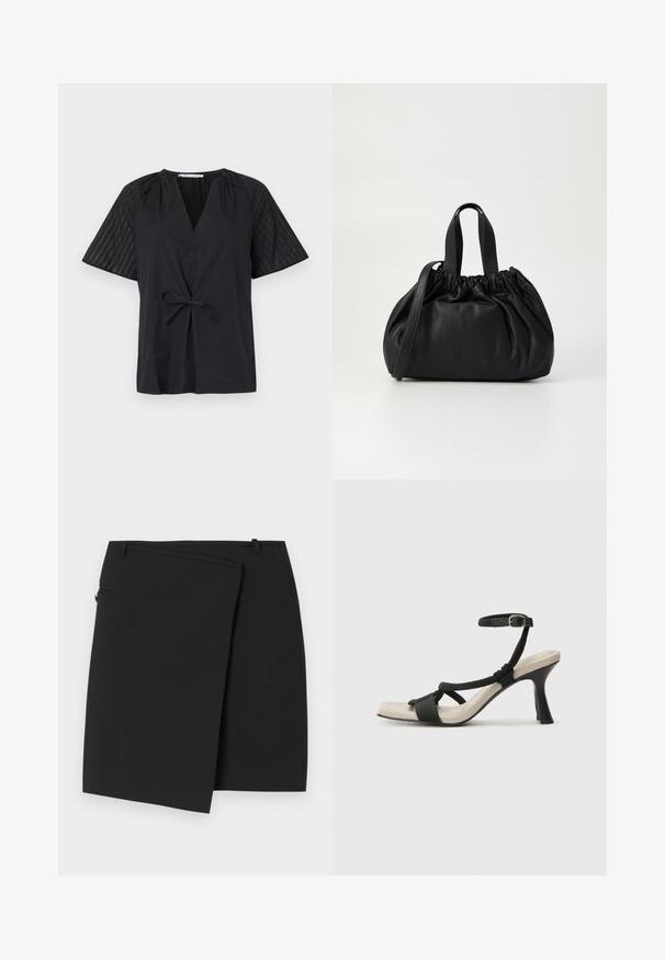 Haut noir avec un col en V, manches courtes et une taille à nouer. Présente un tissu texturé et à motifs sur les manches et un corps lisse.; Jupe portefeuille noire avec une texture lisse, dotée d'une fermeture éclair sur le côté et de deux passants de ceinture. Design simple sans motifs ni accents visibles.; Sandale à talon noir avec un design de brides tressées, bout carré et bride de cheville réglable. Semelle intérieure beige claire avec un talon noir brillant.; Sac à main en cuir noir avec un design à haut froncé, doté de deux poignées courtes et d'une bandoulière longue et réglable. Texture lisse, forme arrondie.