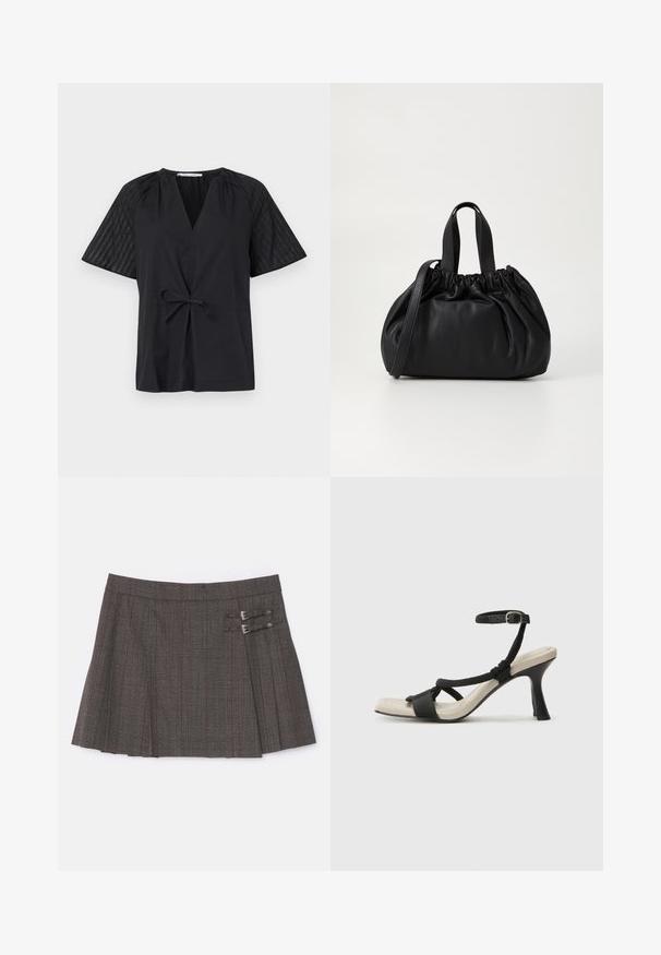 Top nero con scollatura a V, maniche corte e vita con fiocco. Presenta un tessuto testurizzato e a fantasia sulle maniche e un corpo liscio.; The Kooples JUPE - Minigonna - brown; Sandal con tacco nero e design con cinturino intrecciato, punta quadrata e cinturino alla caviglia regolabile. Soletta beige chiaro con tacco nero lucido.; Borsa a tracolla in pelle nera con design a cima arricciata, dotata di due manici corti e di una lunga tracolla regolabile. Texture liscia, forma arrotondata.