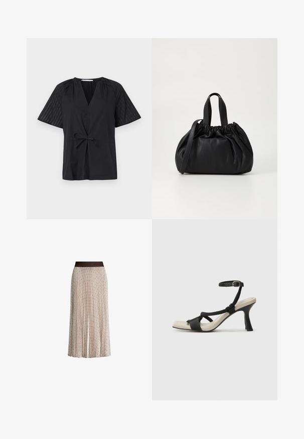 Sort top med V-hals, korte ærmer og bindebånd i taljen. Har tekstureret, mønstret stof på ærmerne og en glat krop.; Plisseret beige midi-nederdel med subtil geometrisk mønster og mørk talje, der har det præget "JOOP!" logo.; Sorte hælede sandal med flettet remdesign, firkantet tå og justerbar ankelrem. Lys beige fodseng med en blank sort hæl.; Sort læderhåndtaske med en samlet topdesign, der har to korte håndtag og en lang justerbar rem. Glat overflade, rund form.