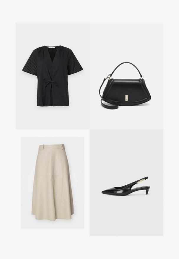 Camiseta negra con escote en V, manga corta y cintura con lazo. Presenta una tela texturizada y con estampado en las mangas y un cuerpo suave.; Falda A-line de cuero beige con una cinturilla ajustada, textura sutil y detalles de costura, que llega hasta la mitad de la pantorrilla.; Tacones negros de piel sintética tipo slingback con punta afilada, que cuentan con un tacón delgado y un detalle en tono dorado en la correa ajustable. Textura suave.; Bolso de mano de cuero negro con un diseño estructurado, que presenta una forma recortada, asa superior y acentos en dorado. Correa de hombro ajustable incluida.