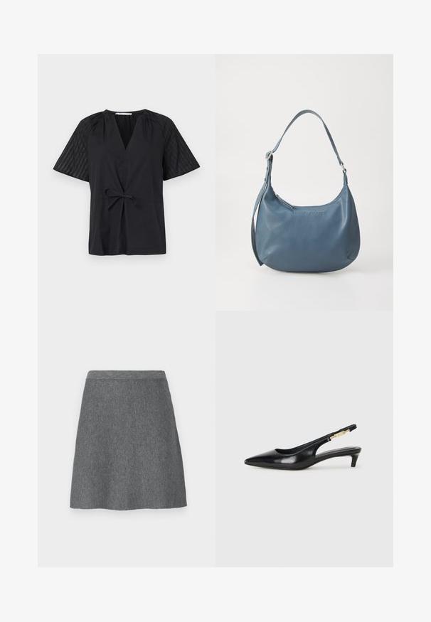 Črna majica z V-izrezom, kratkimi rokavi in pasom na zavezovanje. Ima strukturirano, vzorčasto blago na rokavih in gladek del na telesu.; Siva volnena krila z ustreznim pasom, v obliki črke A in gladko teksturo. Brez žepov ali vidnih podrobnosti strojne opreme.; Črne usnjene sandale na peto z ostro konico, ki imajo tanko peto in zlat ton na nastavljivem traku. Gladka tekstura.; Modra usnjena torbica z zaobljeno obliko, enim naramnim ročajem, zadrgo in vtisnjenim imenom blagovne znamke na sprednji strani. Gladka tekstura.