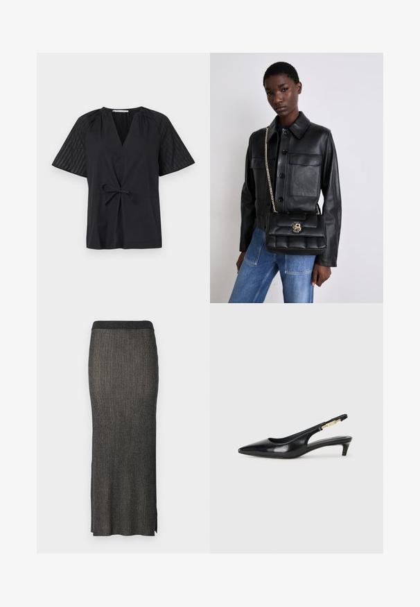 Černý top s výstřihem do V, krátkými rukávy a zavazovacími detaily v pase. Má strukturovanou, vzorovanou látku na rukávech a hladký materiál na těle.; Pletená midi sukně v tmavě šedé barvě s vertikálním žebrováním, obepnutým střihem a rozparky v lemu pro snadný pohyb. Měkká, strukturovaná tkanina.; Černé kožené boty na podpatku s otevřenou patou a špičatou špičkou, s tenkým podpatkem a zlatým akcentem na nastavitelném pásku. Hladký povrch.; Černá kožená bunda s knoflíkovým zapínáním a dvěma předními kapsami, spárovaná s černou prošívanou kabelkou s zlatým uzávěrem a řetízkovým popruhem.