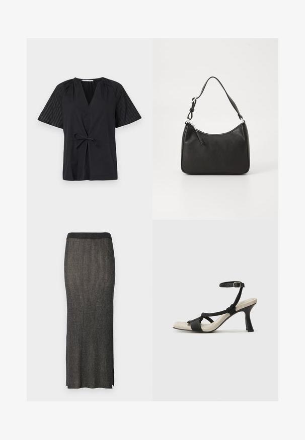 Črna majica z V-izrezom, kratkimi rokavi in pasom na zavezovanje. Ima strukturirano, vzorčasto blago na rokavih in gladek del na telesu.; Pleteni midi krilo v temno sivi barvi z navpičnim rebrastim vzorcem, prilegajoča silhueta in razporki na robu za udobje gibanja. Mehka, teksturirana tkanina.; Črne sandale na visoki peti z prepletenim trakom, kvadratnim nosom in nastavljivim gležnjenjem. Svetlo bež podplat z sijajno črno peto.; Črna usnjena torba za roke s ukrivljenim oblikom, enim trakom, zadrgo in diskretnim blagovnim znamkom na sprednjem delu. Gladka tekstura, minimalističen dizajn.