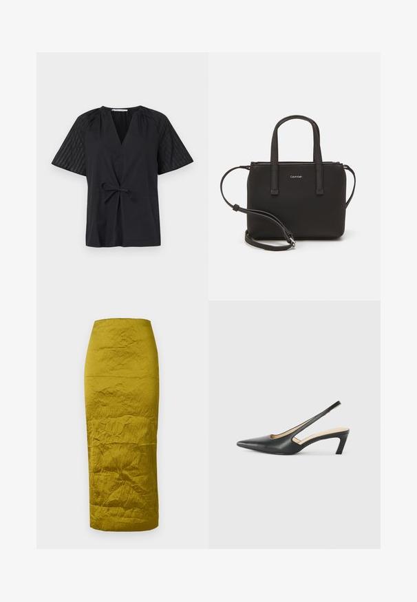 Čierny top s výstrihom do V, krátkymi rukávmi a opaskom na zaväzovanie. Má textúrovanú, vzorovanú látku na rukávoch a hladké telo.; Sukňa v olivovej zelenej farbe s textúrovanou, pokrčenou tkaninou. Priamy strih a stredná dĺžka. Viditeľné švy pozdĺž siluety.; Čierne slingback topánky s ostrou špičkou a nízkym opätkom, vyrobené z hladkej kože a s výrezmi na boku pre lepšiu priedušnosť.; Čierna kabelka s dvojitými krátkymi rúčkami a odnímateľným ramenným popruhom. Hladký materiál podobný koži s uzatváraním na zips a detailom loga.