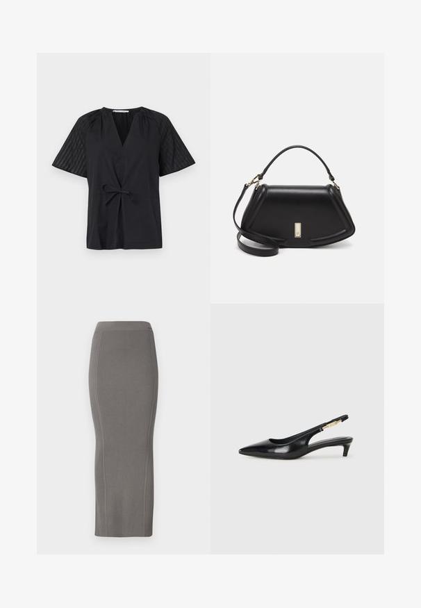 Black top with a V-neck, short sleeves, and a tie waist. Features textured, patterned fabric on the sleeves and a smooth body.; Gray ribbed knit pencil skirt with a high waistband, smooth texture, knee-length design, and a form-fitting silhouette.; Black leather slingback heels with a pointed toe, featuring a slim heel and a gold-tone accent on the adjustable strap. Smooth texture.; Black leather handbag with a structured design, featuring a cropped shape, top handle, and gold hardware accent. Adjustable shoulder strap included.