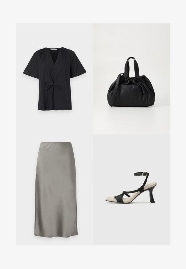 Crna majica s V-izrezom, kratkim rukavima i strukiranim pojasom. Ima teksturirano, uzorkovano platno na rukavima i glatko tijelo.; Siva saten midi suknja s glatkom, finom teksturom. Blagi bočni prorezi poboljšavaju pokret. Minimalistički dizajn, uski struk i ravna silueta.; Crne sandale na visokom potpetici s dizajnom pletenih trakica, kvadratnim vrhom i podešivom trakicom oko gležnja. Svijetlosmeđi ulošci s sjajnim crnim potpeticama.; Crna kožna torba s nabranim dizajnom na vrhu, s dva kratka ručka i dugim podesivim remenom. Glatka tekstura, zaobljen oblik.