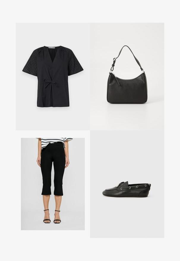 Schwarzes Oberteil mit V-Ausschnitt, kurzen Ärmeln und tailliertem Bund. Die Ärmel sind aus strukturiertem, gemustertem Material, während der Körper glatt ist.; Schwarze Capri-Leggings mit glatter Textur und elastischem Bund; der Saum weitet sich leicht an den Waden und wird mit schwarzen Sandalen mit Knöchelriemen kombiniert.; Schwarze Lederbootsschuhe mit runder Zehenpartie, Schnürung vorne, metallischen Ösen und flacher Sohle. Verfügt über eine kleine Lasche hinten.; Schwarze Lederhandtasche mit geschwungener Form, einem einzigen Tragegurt, Reißverschlussverschluss und dezentem Branding auf der Vorderseite. Glatte Textur, minimalistisches Design.