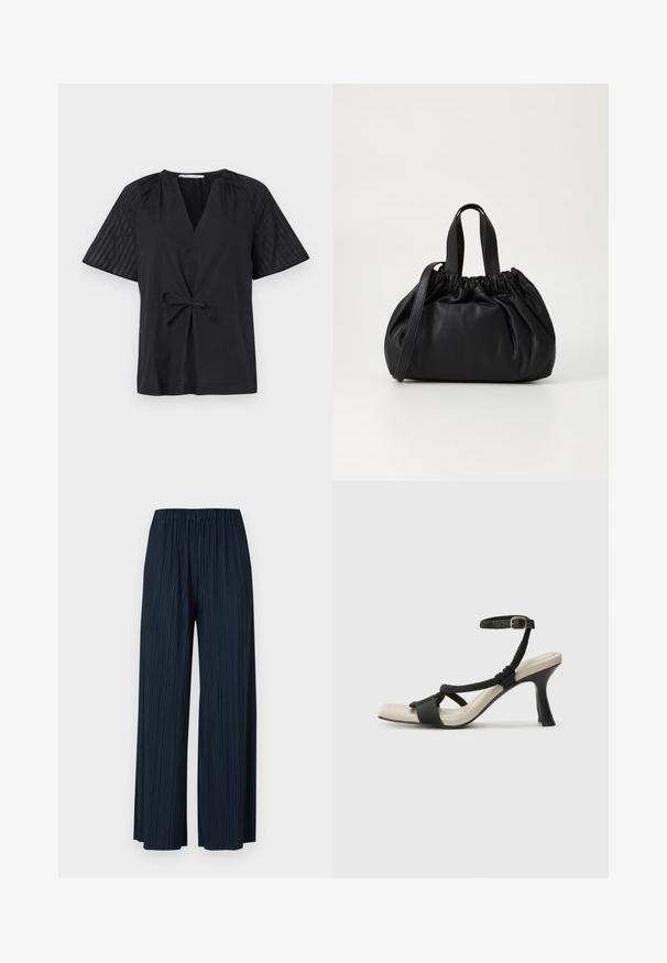 Mustaga V-kaelusega must topp, lühikeste varrukatega ja sidumisvõimalusega taljes. Varustatud tekstuuriga, mustrilise kangaga varrukatel ja siledas kehakangas.; Tumes pleediga laiad püksid elastse vöökoha ja vertikaalsete triipudega. Pehme tekstuur mugavuse tagamiseks. Ilma taskuteta.; Mustad musta kontsaga sandaal, millel on punutud rihma disain, ruudukujuline varvas ja reguleeritav pahkluu rihm. Heleda beeži värvi jalapadi ja läikiv must konts.; Mustmust mustkott mustrihmaga ülaosa disainiga, millel on kaks lühikest käepidet ja pikk reguleeritav rihm. Sile tekstuur, ümar kuju.
