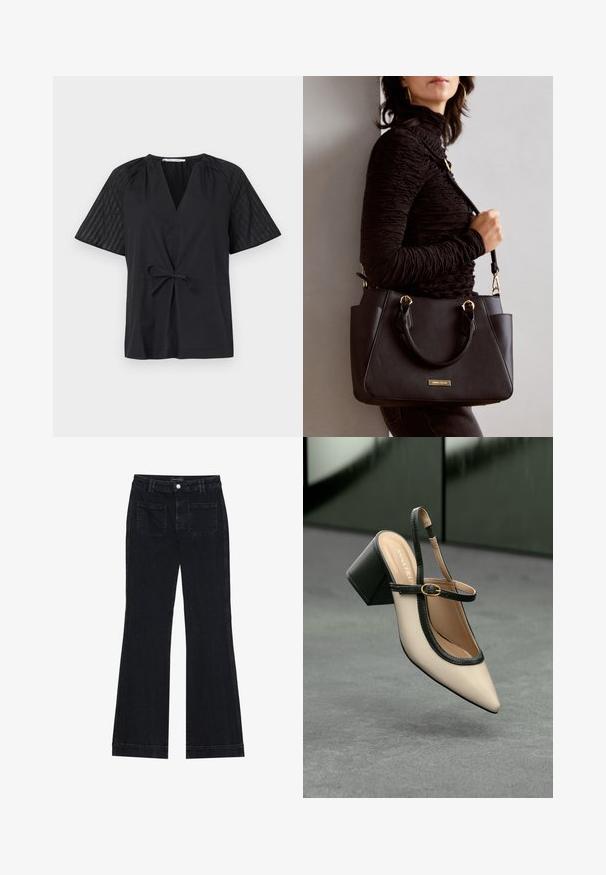 Top preto com decote em V, mangas curtas e com cintura amarrada. Apresenta tecido texturizado e estampado nas mangas e um corpo liso.; Calças de ganga evasê pretas com uma cintura média, dois bolsos traseiros e um design clássico de cinco bolsos com detalhes sutis de costura.; Sandal de biqueira pontuda em bege com acabamento preto, fivela dourada e um salto bloco sólido, em um chão cinza com fundo verde escuro.; Bolsa preta com superfície texturizada, alças superiores duplas e alça de ombro ajustável. Apresenta ferragens em tom dourado e bolsos laterais.