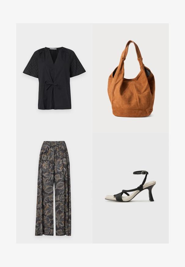 Schwarzes Oberteil mit V-Ausschnitt, kurzen Ärmeln und tailliertem Bund. Die Ärmel sind aus strukturiertem, gemustertem Material, während der Körper glatt ist.; weit geschnittene Hosen im dunklen Blumenmuster mit komplizierten grau-orangefarbenen Motiven. Der elastische Bund sorgt für Komfort und Flexibilität.; Schwarze Absatzsandale mit geflochtenem Riemendesign, quadratischer Spitze und verstellbarem Knöchelriemen. Helle beigefarbene Sohle mit glänzendem schwarzen Absatz.; Braune Wildleder-Schultertasche mit weicher Textur, gebogener Form und zwei Griffen. Verfügt über ein minimalistisches Design ohne sichtbare Beschläge oder Akzente.