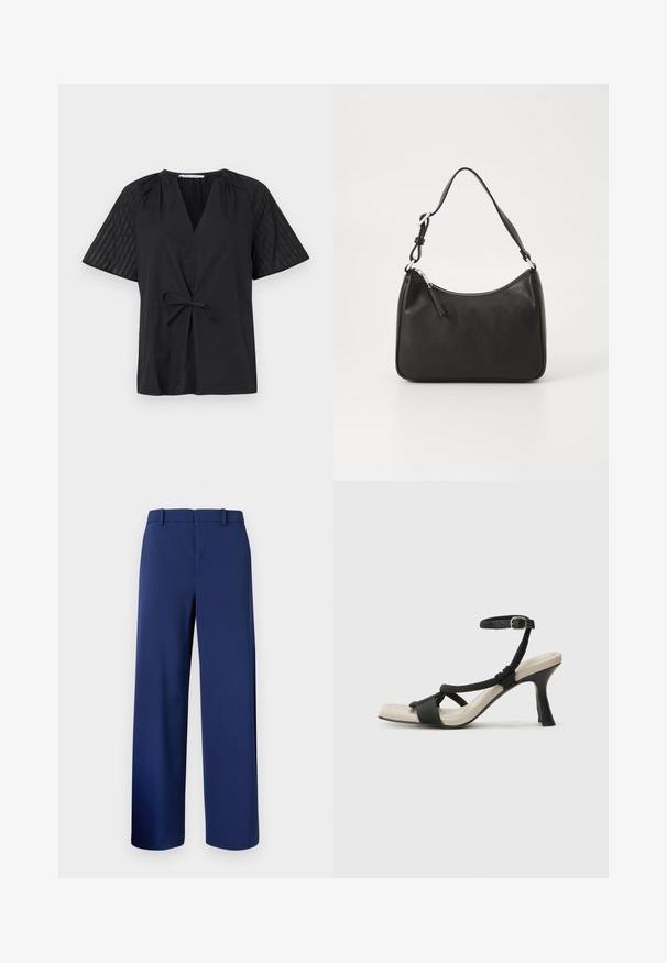 Czarna bluzka z dekoltem w serek, krótkimi rękawami i wiązaniem w talii. Posiada teksturowany, wzorzysty materiał na rękawach oraz gładką część ciała.; Granatowe spodnie wizytowe, uszyte z gładkiego materiału, o prostym kroju nogawek, posiadające szlufki na pasek oraz zamek błyskawiczny z zapięciem na haczyk.; Czarne sandały na obcasie z plecionym paskiem, kwadratowym noskiem i regulowanym paskiem na kostkę. Jasnobeżowa wkładka z błyszczącym czarnym obcasem.; Czarna skórzana torebka o zaokrąglonym kształcie, z pojedynczym uchwytem, zamknięciem na zamek błyskawiczny oraz subtelnym logo z przodu. Gładka faktura, minimalistyczny design.