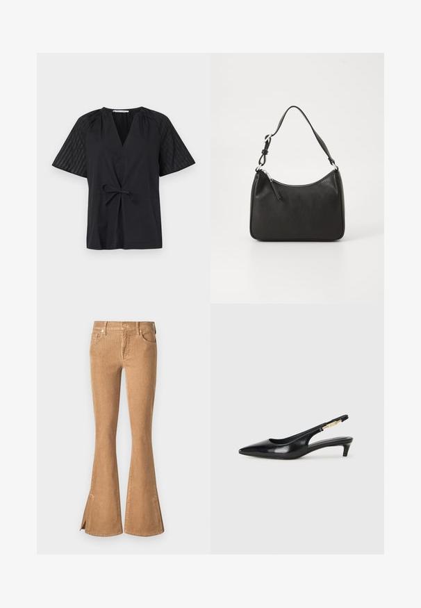 Mustaga V-kaelusega must topp, lühikeste varrukatega ja sidumisvõimalusega taljes. Varustatud tekstuuriga, mustrilise kangaga varrukatel ja siledas kehakangas.; Pruunid corduroy flared teksad kõrge vöökoha, ees olevate taskute ja hemmi lõhikute kanssa. Tekstuuriga kangas rittide mustriga.; Mustad nahast slingback kontsad terava ninaga, millel on õhuke konts ja kuldse tooni aktsent reguleeritaval rihmal. Sile tekstuur.; Must musta käekott, millel on kumer kuju, üks rihm, lukuga sulgemine ja peen brändimine esiküljel. Sile tekstuur, minimalistlik disain.