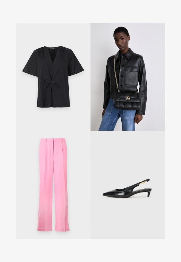 Zwarte top met een V-hals, korte mouwen en een strik taille. Heeft een gestructureerd, patroonstof op de mouwen en een glad lichaam.; Roze linnen broek met een relaxte pasvorm, met voorplooien, een knoopsluiting en zijzakken. Glad textuur en recht model.; Zwarte leren slingback hakken met een spitse neus, voorzien van een slanke hak en een goudkleurige accent op de verstelbare band. Gladde textuur.; Zwarte leren jack met knoopsluiting en twee voorzakken, gecombineerd met een zwarte gevoerde handtas met een gouden sluiting en kettingriem.