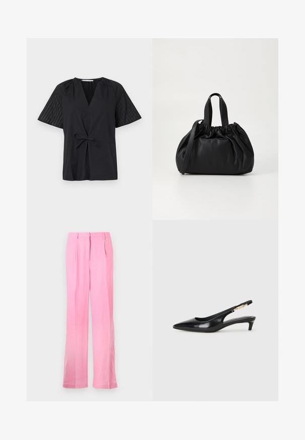 Juodas viršus su V formos iškirpte, trumpomis rankovėmis ir raišteliu juosmenyje. Rankovėse yra tekstūruotas, raštuotas audinys, o kūnas yra lygus.; Rausvos lino kelnes su laisvu siluetu, turinčios priekinės klostes, sagos uždarymą ir šonines kišenes. Lygi tekstūra ir tiesios kojos dizainas.; Juodas odinis pavasario batelių modelis su smailiu nosiu, turintis siaurą kulniuką ir auksinės spalvos akcentu reguliuojamoje juostoje. Lygi tekstūra.; Juoda odinė rankinė su susiraukšlėjusiu viršumi, su dviem trumpomis rankenėlėmis ir ilga reguliuojama juosta. Lygus paviršius, apvalios formos.