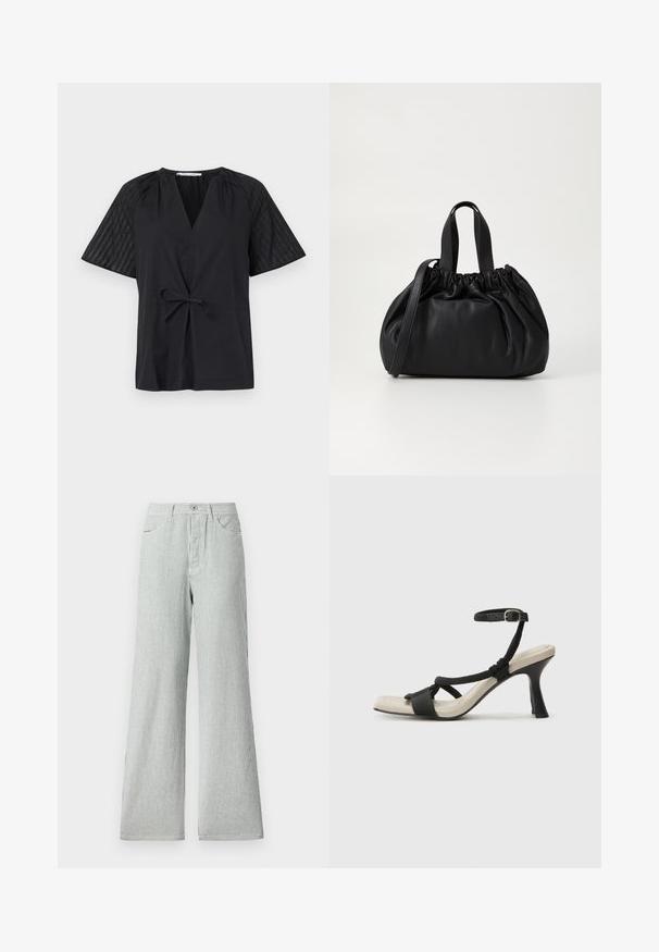 Melnas blūzes ar V veida kakla izgriezumu, īsām piedurknēm un saišu jostu. Piedurknēm ir teksturēta, rakstaina auduma apdare, bet korpuss ir gluds.; Joslu šauras bikses, kas izgatavotas no viegla auduma, ar vertikālām zilām un baltām svītrām, augstu jostasvietu un priekšējām kabatām.; Melnas augstpapēžu sānijas ar pinuma siksnu dizainu, kvadrātveida purngali un regulējamu potītes siksnu. Gaismas beidzamais kāju paklājiņš ar spīdīgu melnu papēdi.; Melnas ādas rokassomu ar savākta augšdaļa dizainu, kas aprīkota ar divām īsām rokturiem un garu regulējamu siksnu. Gluda tekstūra, noapaļota forma.