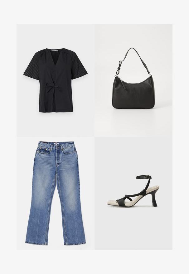 Black top with a V-neck, short sleeves, and a tie waist. Features textured, patterned fabric on the sleeves and a smooth body.; RE/DONE LOOSE - Bootcut jeans - hacienda; Black heeled sandal with braided strap design, square toe, and adjustable ankle strap. Light beige footbed with a glossy black heel.; Black leather handbag with a curved shape, a single strap, zip closure, and subtle branding on the front. Smooth texture, minimalist design.