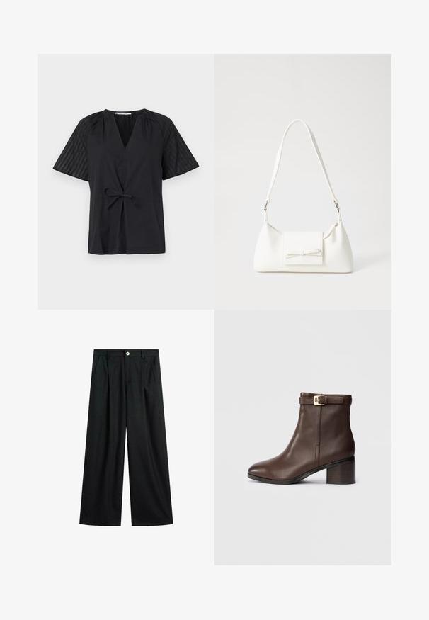 Sort top med V-hals, korte ærmer og bindebånd i taljen. Har tekstureret, mønstret stof på ærmerne og en glat krop.; Sorte bukser med vid benvidde og diskrete striber, frontlukning med knap, bæltestropper og sidelommer, lagt fladt ud på hvid baggrund.; Brune læder ankelstøvle med rund tå, lav blokhælsko og en dekorativ spænde rem ved anklen. Glat tekstur og slankt design.; Hvid syntetisk håndtaske med en trekantet form, flad forsideklap og sløjfedetalje, justerbar strop, glat tekstur og minimalistisk design.