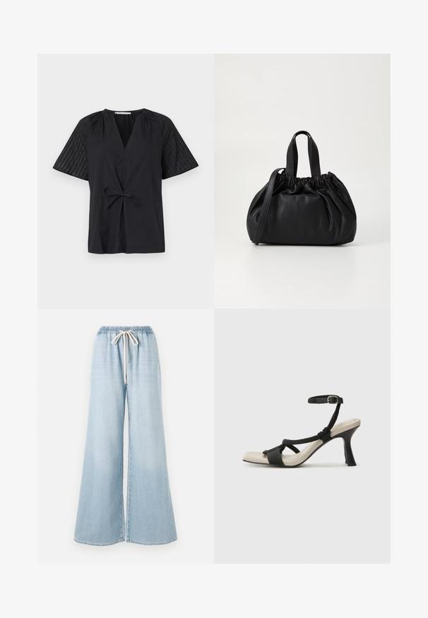 Črna majica z V-izrezom, kratkimi rokavi in pasom na zavezovanje. Ima strukturirano, vzorčasto blago na rokavih in gladek del na telesu.; Svetlo modri široki kavbojke iz denima, z elastiko v pasu in vrvico za prilagajanje, ter gladko teksturo.; Črne sandale na visoki peti z prepletenim trakom, kvadratnim nosom in nastavljivim gležnjenjem. Svetlo bež podplat z sijajno črno peto.; Črna usnjena torbica z zloženim zgornjim dizajnom, opremljena z dvema kratkima ročkama in dolgo nastavljivo naramnico. Gladka tekstura, okrogla oblika.
