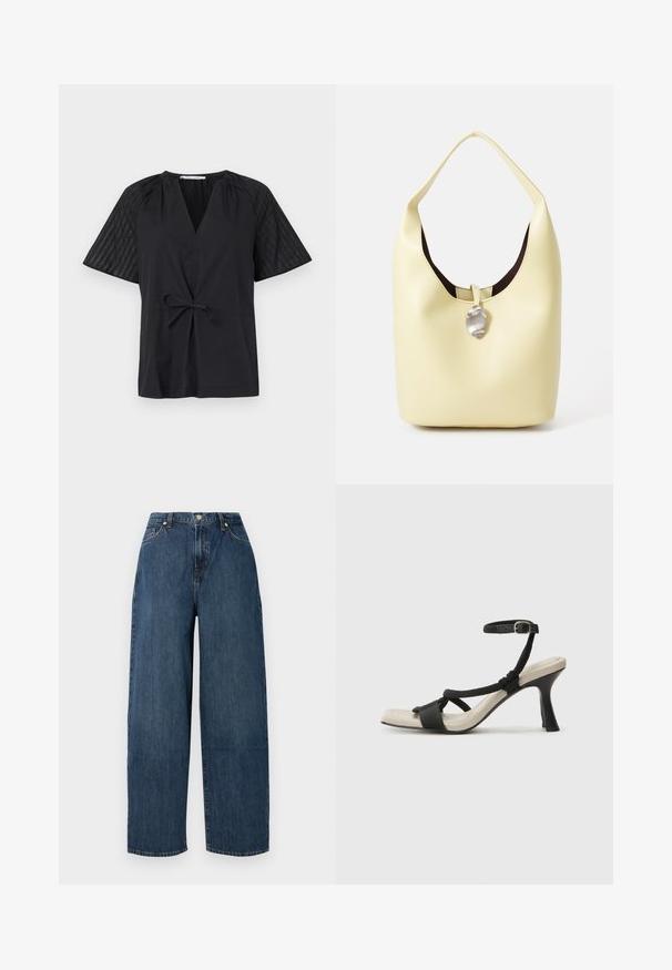 Melnas blūzes ar V veida kakla izgriezumu, īsām piedurknēm un saišu jostu. Piedurknēm ir teksturēta, rakstaina auduma apdare, bet korpuss ir gluds.; Plati kāju džinsi tumši zili. Izgatavoti no izturīga kokvilnas auduma ar gludu tekstūru. Aprīkoti ar pogu aizdari un klasisko piecu kabatu dizainu.; Melnas augstpapēžu sānijas ar pinuma siksnu dizainu, kvadrātveida purngali un regulējamu potītes siksnu. Gaismas beidzamais kāju paklājiņš ar spīdīgu melnu papēdi.; Mīkstas dzeltenas ādas hobo soma ar noapaļotu formu. Izceļas ar gludu virsmu, tumšu iekšējo oderi un sudrabkrāsas akcentu aizdarei.