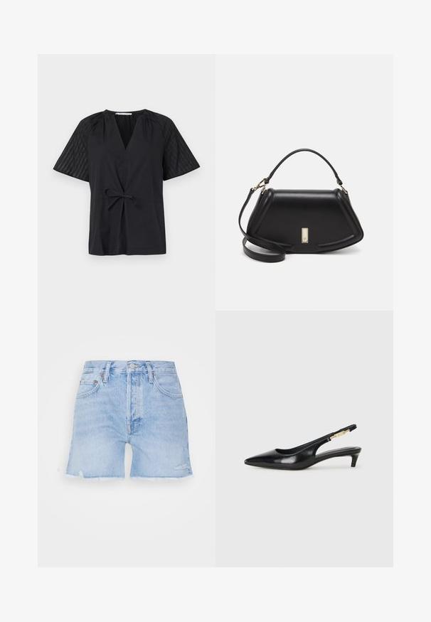 Black top with a V-neck, short sleeves, and a tie waist. Features textured, patterned fabric on the sleeves and a smooth body.; Denim shorts in light blue with a frayed hem. Features classic five-pocket design, button closure, and slight distressing on fabric.; Black leather slingback heels with a pointed toe, featuring a slim heel and a gold-tone accent on the adjustable strap. Smooth texture.; Black leather handbag with a structured design, featuring a cropped shape, top handle, and gold hardware accent. Adjustable shoulder strap included.