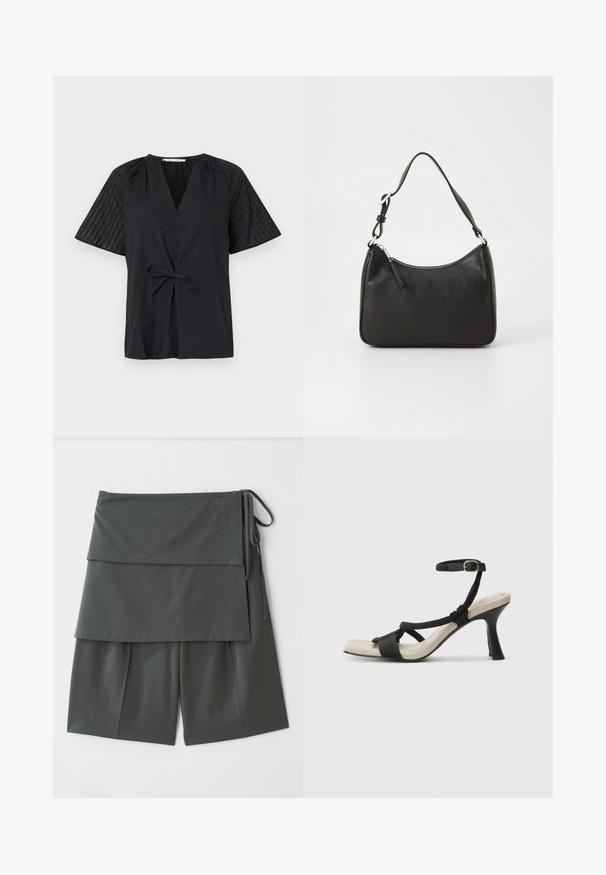 Camiseta negra con escote en V, manga corta y cintura con lazo. Presenta una tela texturizada y con estampado en las mangas y un cuerpo suave.; Pantalones cortos unisex de color gris oscuro con un diseño en capas, que presentan un panel superior y lazos en los lados. Fabricados en una tela suave y ligera.; Sanda¡ía de tacón negro con diseño de tira trenzada, punta cuadrada y correa ajustable en el tobillo. Plantilla de color beige claro con un tacón negro brillante.; Bolso de mano de cuero negro con forma curvada, una sola correa, cierre de cremallera y marcas sutiles en la parte frontal. Textura suave, diseño minimalista.