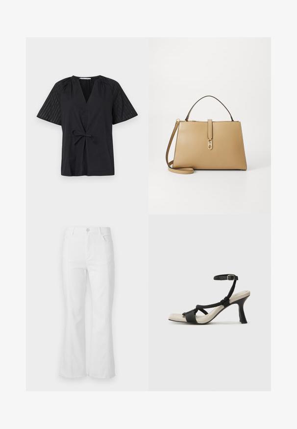 Crna majica s V-izrezom, kratkim rukavima i strukiranim pojasom. Ima teksturirano, uzorkovano platno na rukavima i glatko tijelo.; Bijele flare traperice viskog struka, s prednjim džepovima i nerazrezanim rubom. Izrađene od denima s glatkom teksturom i minimalnim detaljima šavova.; Crne sandale na visokom potpetici s dizajnom pletenih trakica, kvadratnim vrhom i podešivom trakicom oko gležnja. Svijetlosmeđi ulošci s sjajnim crnim potpeticama.; Tommy Hilfiger LIBRE SATCHEL - Ručna torba - safari