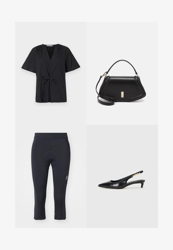 Black top with a V-neck, short sleeves, and a tie waist. Features textured, patterned fabric on the sleeves and a smooth body.; Black cycling three-quarter tights made of smooth, stretchy material. Features a padded inset and a small logo on the lower leg.; Black leather slingback heels with a pointed toe, featuring a slim heel and a gold-tone accent on the adjustable strap. Smooth texture.; Black leather handbag with a structured design, featuring a cropped shape, top handle, and gold hardware accent. Adjustable shoulder strap included.