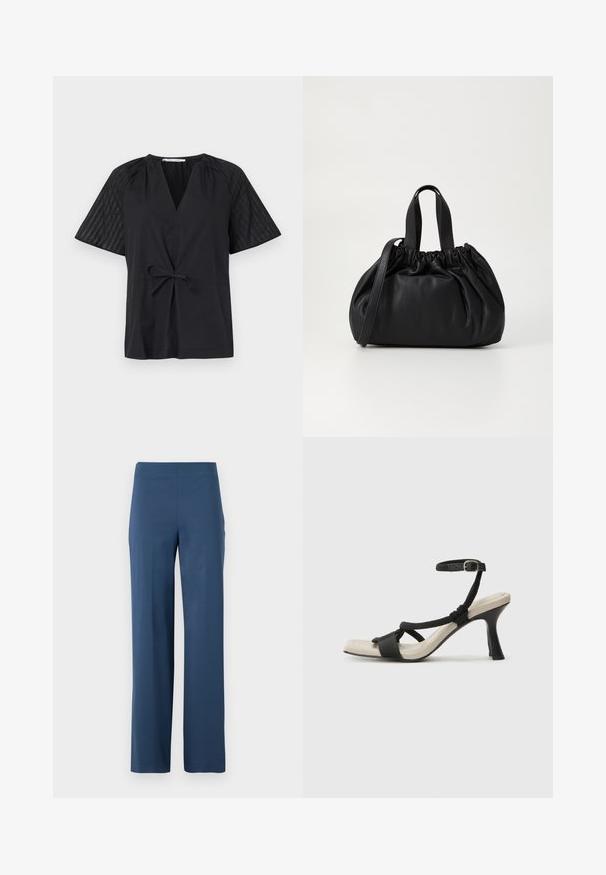 Črna majica z V-izrezom, kratkimi rokavi in pasom na zavezovanje. Ima strukturirano, vzorčasto blago na rokavih in gladek del na telesu.; Temno modri široki hlače iz mehkega, raztegljivega materiala. Imajo visok pas in čisto, neopremljeno zasnovo brez žepov.; Črne sandale na visoki peti z prepletenim trakom, kvadratnim nosom in nastavljivim gležnjenjem. Svetlo bež podplat z sijajno črno peto.; Črna usnjena torbica z zloženim zgornjim dizajnom, opremljena z dvema kratkima ročkama in dolgo nastavljivo naramnico. Gladka tekstura, okrogla oblika.