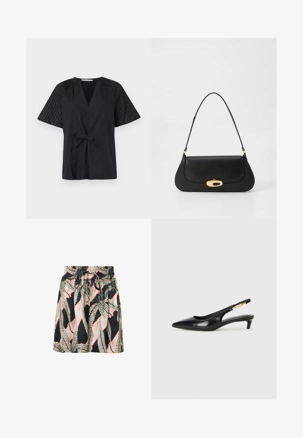 Top negru cu decolteu în V, mâneci scurte și talie legată. Dispune de un material texturat, cu model pe mâneci și un corp neted.; Fustă cu imprimeu floral pe fundal negru, talie elastică, detaliu cu șiret și o textură ușoară, netedă.; Sandale slingback din piele neagră cu vârf ascuțit, având un toc subțire și un accent de culoare aurie pe curea ajustabilă. Textură netedă.; Geantă de mână din piele neagră, cu un design curbat, accesorii de culoare aurie și un mâner de sus. Dispune de o închidere elegantă și o textură netedă.