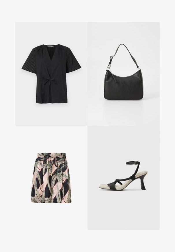 Top preto com decote em V, mangas curtas e com cintura amarrada. Apresenta tecido texturizado e estampado nas mangas e um corpo liso.; Saia com estampa floral num fundo preto, cintura elástica, detalhe de cordão e uma textura leve e suave.; Sandal com salto alto preto e design de tiras trançadas, bico quadrado e tira de tornozelo ajustável. Sola em tom bege claro com um salto preto brilhante.; Mala de mão em couro preto com formato curvo, uma alça, fecho em zip e uma marcação discreta na frente. Textura suave, design minimalista.