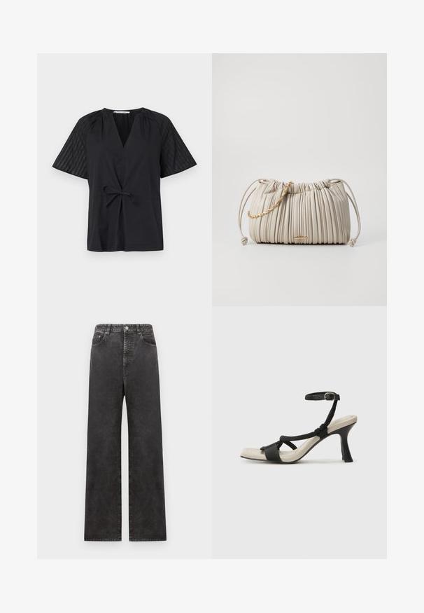 Zwarte top met een V-hals, korte mouwen en een strik taille. Heeft een gestructureerd, patroonstof op de mouwen en een glad lichaam.; Zwarte denim broek met wijde pijpen en een hoge taille, voorzien van voorzakken, een knoopsluiting en een licht vervaagde structuur.; Zwarte hoge hak sandaal met een gevlochten bandontwerp, vierkante teen en verstelbare enkelband. Lichtbeige voetbed met een glanzende zwarte hak.; Plissé crèmekleurige handtas van zacht materiaal, met een gevlochten gouden kettingaccent en een aantrektouwsluiting voor een verstelbare vorm.