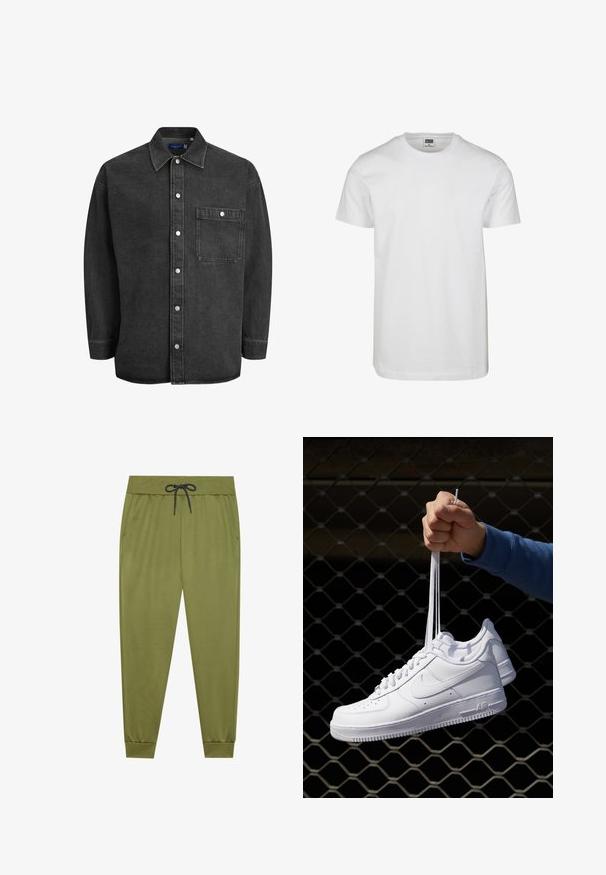 Zwarte denim shirt met lange mouwen, spreidkraag, knopen aan de voorkant en één borstzak. Heeft zilveren drukknoopsluitingen en een relaxte pasvorm.; Witte katoen t-shirt met ronde hals, korte mouwen en een relaxte pasvorm. Etiket zegt "URBAN CLASSICS." Glad textuur, zonder patronen of accenten.; Olijfgroene sweats met een elastische tailleband, zwarte trekkoord, zijzakken en ribgebreide boorden bij de enkels. Glad van textuur.; Witte leren sneakers met perforaties, ronde neus, vlakke zool en dikke veters, met een zichtbare swoosh-logo en "AIR" op de hiel.