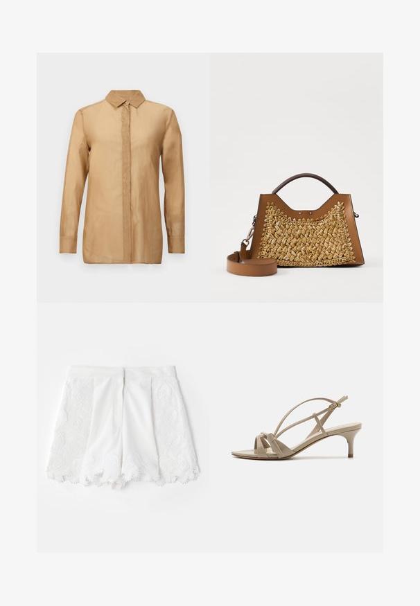 Tan, long-sleeved button-up shirt with a collar, featuring a smooth texture and a straight fit. Simple, clean front design without patterns.; White shorts featuring a textured embroidered design along the sides and scalloped hem. Smooth fabric with decorative bead accents.; Beige patent leather heeled sandals featuring crisscross straps, an open toe, and a slim, mid-height heel with a light brown sole.; Tan handbag with woven straw front, structured shape, dual top handles, and removable shoulder strap. Textured detailing along edges.