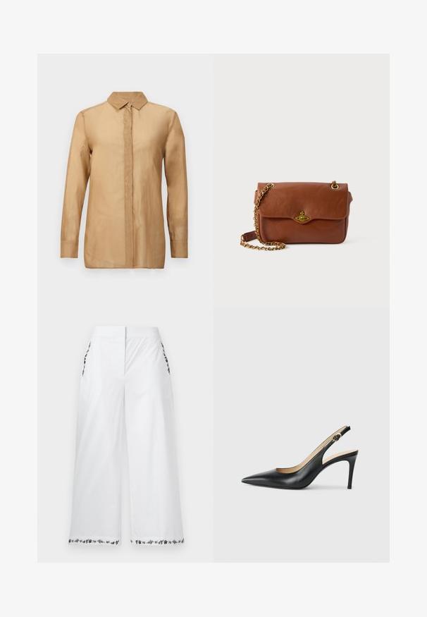 Beige, lange mouwen blouse met knopen en een kraag, met een gladde textuur en een rechte pasvorm. Eenvoudig, schoon ontwerp aan de voorkant zonder patronen.; Witte broeken met wijde pijpen en bloemenborduurwerk op de zakken en zoom. Gemaakt van een soepel stof, met een neutraal ontwerp en een perfect afgestemde pasvorm.; Zwarte leren slingback-hakken met een spitse neus, verstelbare band en een elegante stiletto-hak, met een gladde afwerking.; Bruin leren schoudertas met een klepje, gouden hardware en een kettingband. Gladde textuur, rechthoekige vorm, minimale details.