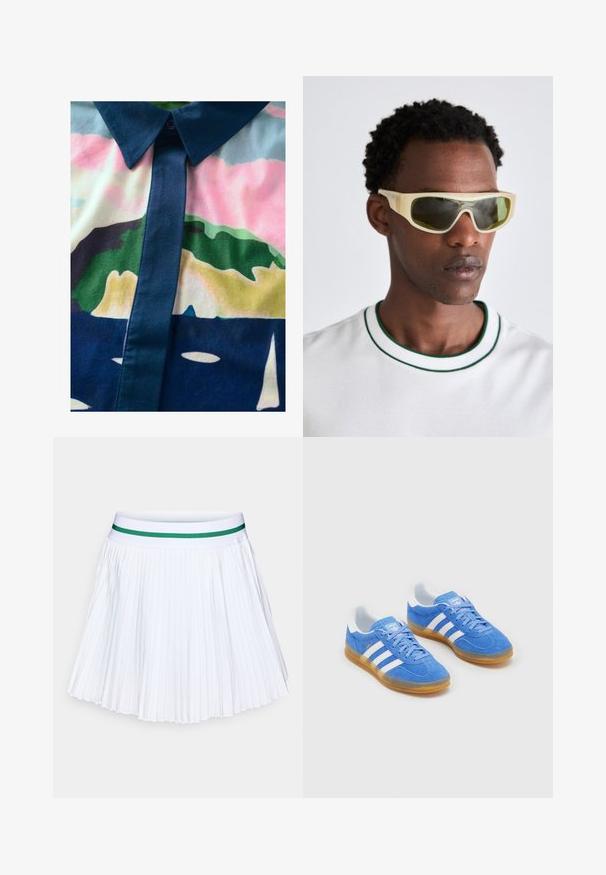 Chemise à boutons avec un motif abstrait coloré. Fabriquée en tissu lisse, avec un col et une patte de boutonnage sombres aux teintes pastel.; Jupe plissée blanche avec une ceinture élastique verte unie. Présente des plis nets et bien espacés, créant une texture légère et aérée.; Baskets en cuir suédé bleu avec des accents rayés blancs, semelle en caoutchouc et col rembourré pour plus de confort. Présente un design classique à lacets.; Lunettes de soleil avec une monture jaune translucide et des verres teintés en vert. Design angulaire avec des branches larges, portées avec une chemise blanche à accents verts.