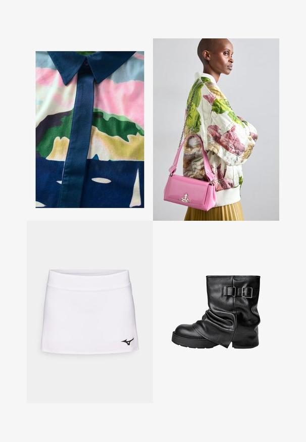 Gombos ing színes absztrakt mintával. Simogatós anyagból készült, sötét gallérral és gombolással, pasztell árnyalatokkal.; Fehér sport szoknya, karcsú derékkal és egyenes szabással. Az alsó bal oldalon fekete logó található. Simább szövettextúra.; Fekete bőr bokacsizma, laza tervezéssel, négyzetes orral és oldalsó csatos díszítéssel. Vastag talpa extra magasságot és stabilitást biztosít.; Zöld, rózsaszín és bézs színű, tűzött virágmintás bomber dzseki, fényes rózsaszín táskával párosítva, láncos pánttal és logóval ellátott hardverrel.