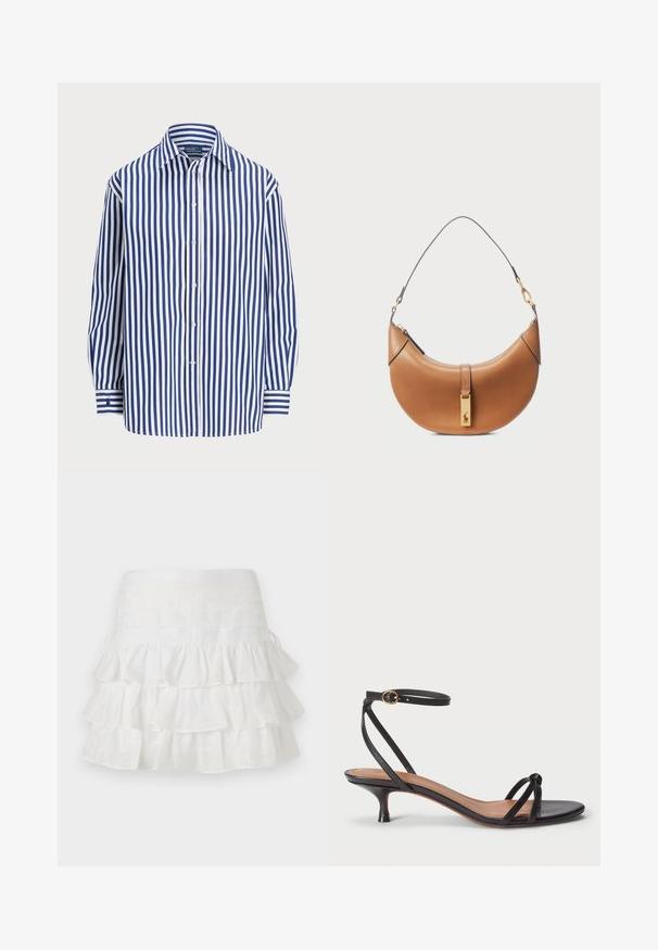 Svītraina krekla ar vertikālām tumši zilām un baltām svītrām, pogājama priekšpuse un klasiskā apkakle. Garas piedurknes ar pogu aprocēm.; sandro JUPE - Minisvārki - blanc; Polo Ralph Lauren LEATHER KITTEN-HEEL SANDAL - Klasiski papēži - black; Brūnas ādas rokassomi ar izliekta formu, zeltīta aparatūra un plāns plecu siksniņš. Aprīkota ar rāvējslēdzēja aizdari un logo detaļu uz priekšpuses.