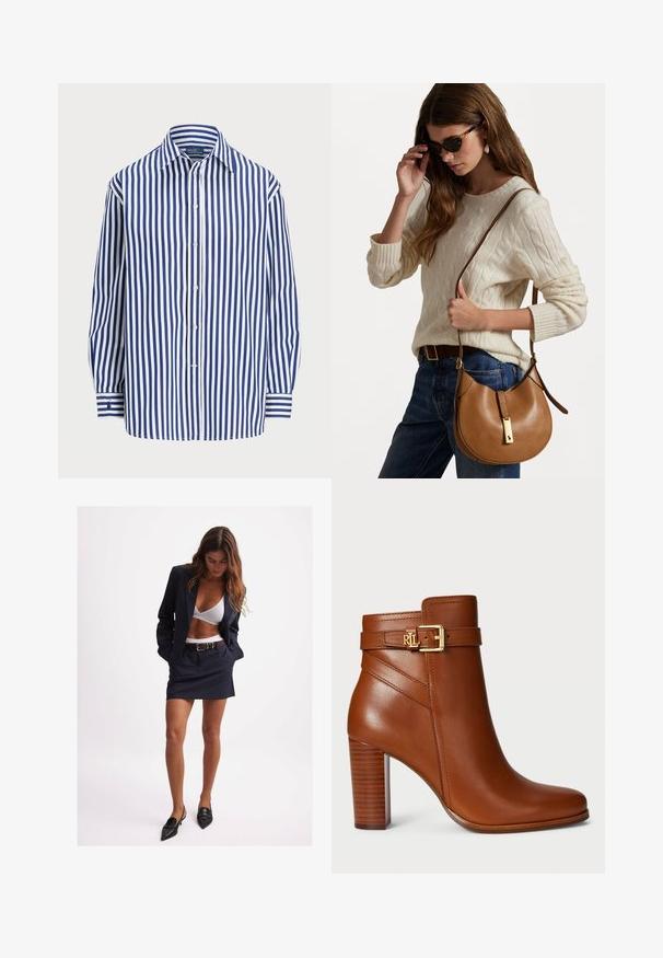 Dryžuotas marškinys su vertikaliomis tamsiai mėlynomis ir baltomis linijomis, su sagomis priekyje ir klasikiniu apykaklės dizainu. Ilgos rankovės su mygtukais ant rankogalių.; Jūrų laivyno blazeris ir sijonas, pritaikytas tinkamai, su atitinkamu diržu. Po juo nesimato balta liemenėlė. Juodos smailėjančios balerinos užbaigia įvaizdį. Drobės tekstūra lygi.; Rudos odinės kulkšninių batų su apvaliu nagu, auksiniu sagties akcentu ant dirželio ir tekstūruotu mediniu kulnu. Lygus paviršius ir modernus dizainas.; Ruda odinė pečių rankinė su kreiva forma ir auksinėmis detalėmis. Modelis vilki šviesią mezginio megztinį ir mėlynus džinsus.