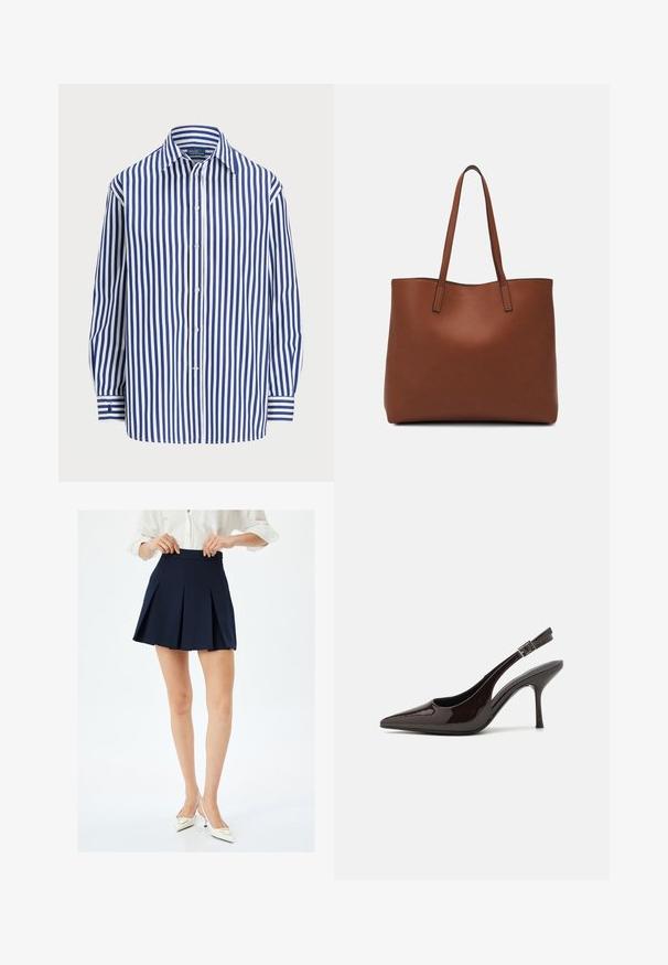 Stribet skjorte med lodrette navy og hvide striber, knaplukning foran og klassisk krave. Lange ærmer med knapmanchetter.; Mørkeblå plisseret nederdel med høj talje og glat tekstur, har skarpe knivplisseringer og minimalistisk design. Bæres med hvide hæle.; Slingback højhælet sko i glat mørkebrun patenteret læder, spids tå, åbne sider og justerbar ankelrem.; Brun læder tote taske med en glat overflade, åben topdesign og to skulderremme. Har minimal syning og ingen synlig hardware.