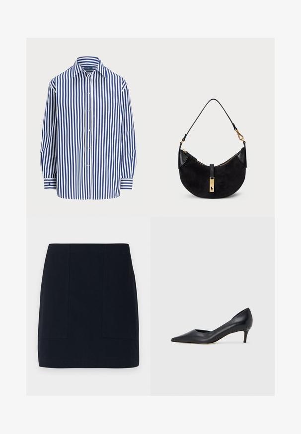 Gestreiftes Hemd mit vertikalen dunkelblau-weißen Linien, Knopfleiste vorne und klassischem Kragen. Lange Ärmel mit Knopfmanschetten.; Marineblaue Minirock aus Baumwolle, ausgestattet mit zwei vorderen Taschen, einem klaren, strukturierten Design und einem geraden Saum.; Schwarzer Pumps aus Leder mit spitzer Zehenpartie und niedrigem Absatz. Verfügt über eine glatte Textur und dezenten Glanz. Vordere Öffnung für ein zusätzliches Detail.; Schwarze Handtasche mit geschwungener Form, aus Wildleder und Leder gefertigt, mit einem Reißverschluss in Goldtönen und einem Logo-Detail. Enthält einen kurzen Griff.