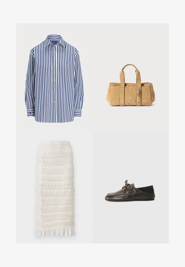 Stripet skjorte med vertikale marineblå og hvite linjer, knappestolpe foran og klassisk krage. Lange ermer med knappemanchetter.; sandro JUPE MIDI DETAILS - Blyantskjørt - ecru; Svarte lærbåtsko med brune sømmer, snøring og metallhull. Flat såle med avrundet tå og glatt overflate.; Lys brune semskede tote-veske med to hanke på toppen, med en frontlomme, detaljer i gullmetall, og en myk, teksturert overflate.